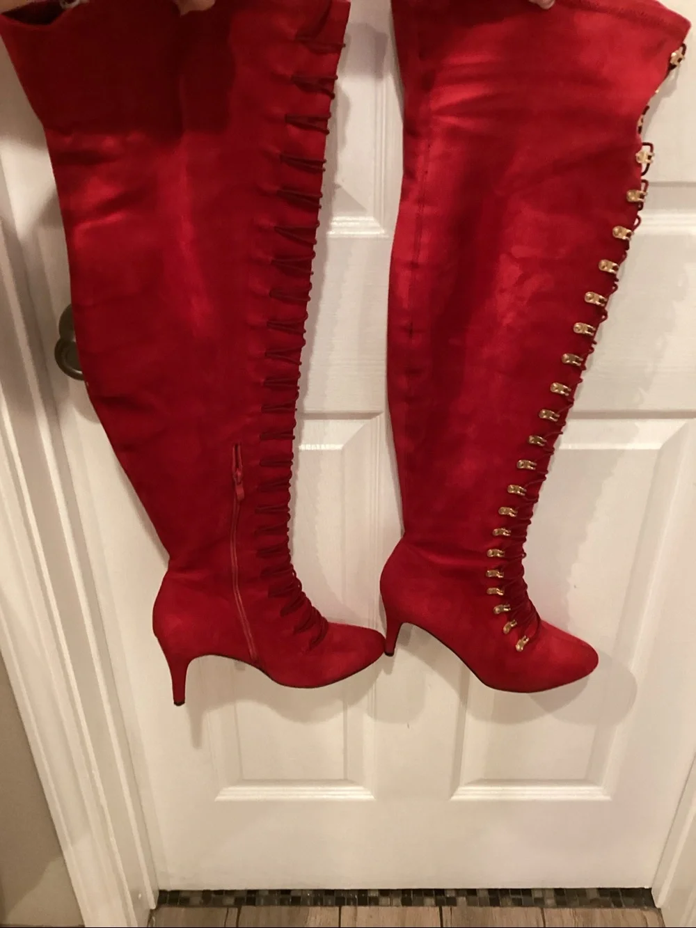 Red Over-the-Knee Lace-Up Heeled Boots - Women's